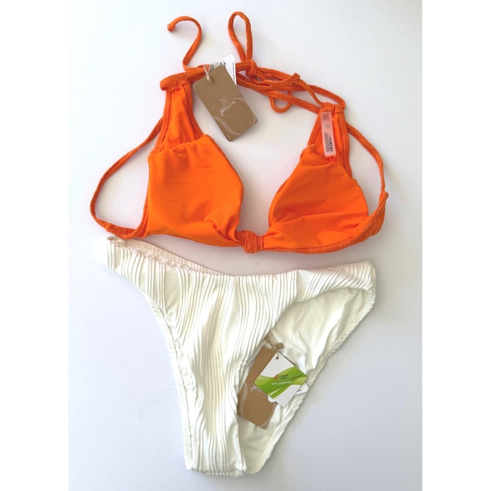 NWT BERLOOK XL Bikini Set Tangerine Floral Top White Textured Bottom Hot Tub